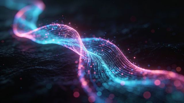 Flowing neon particle ribbon weaving across dark space with cyan magenta glow