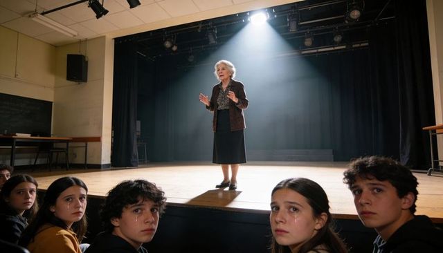 Elderly Teacher Standing in Spotlight Addressing Emotional Teens on School Stage
