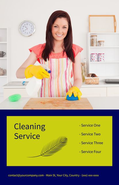 Portray cheerful, trustworthy cleaning service with this image of a smiling woman wearing an apron and gloves, cleaning a kitchen counter. Ideal for cleaning company advertisements, brochures, websites, and marketing materials. Highlight service offerings and professional, friendly staff.