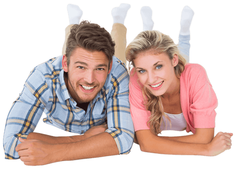Transparent smiling couple relaxing together on floor
