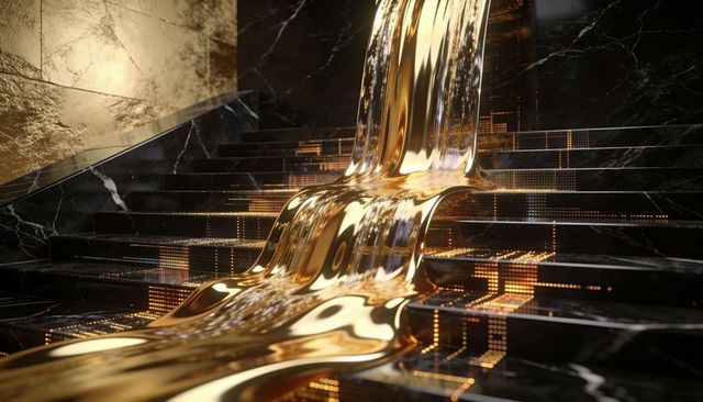 Cascading liquid gold flowing down black marble staircase with led grid