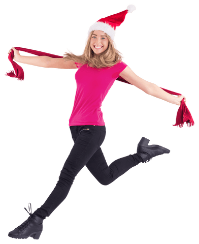 Joyful woman in santa hat leaping with red scarf transparent background