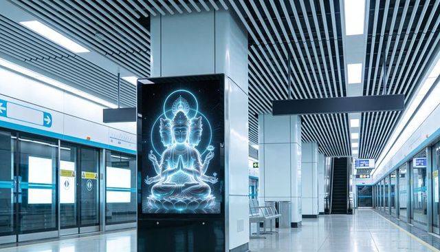 Cyan neon deity hologram on futuristic metro platform with reflective floor