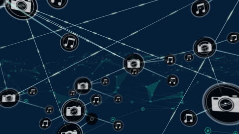 Digital Network of Multimedia Icons on Navy Background