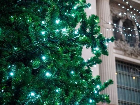 Christmas Tree Decorated with White LED Lights in Urban Setting