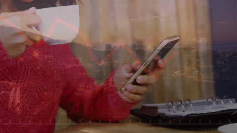 Woman Analyzing Financial Data on Smartphone with Graph Overlay