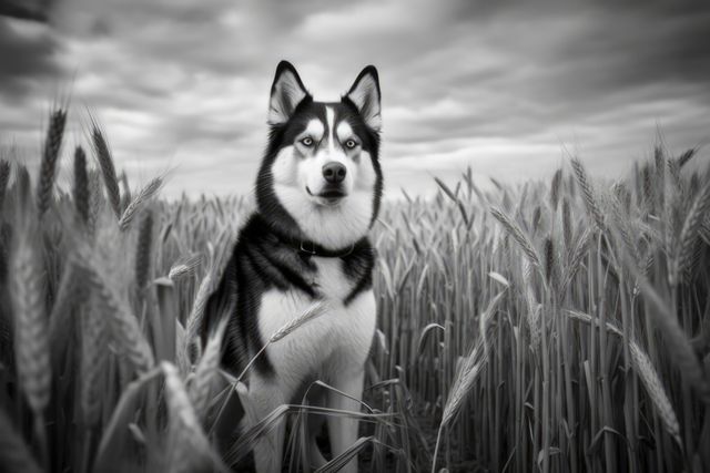 A striking black and white depiction of a husky standing proudly in a wheat field under a cloudy sky. Ideal for themes related to nature, dogs, outdoor adventures, and monochrome photography. Suitable for use in blogs, websites, and social media posts promoting pet care, outdoor activities, and artistic photography.