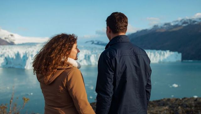 Gazing couple overlooking turquoise glacial lake and towering alpine glacier