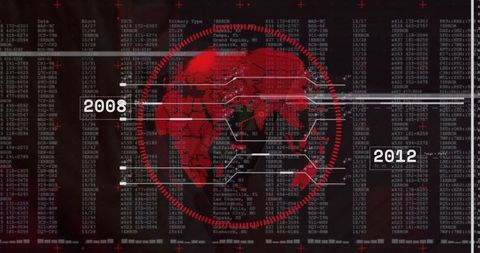 Futuristic data visualization with red world map and timeline overlay