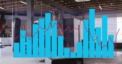Athletic woman performing box jump with performance graph overlay