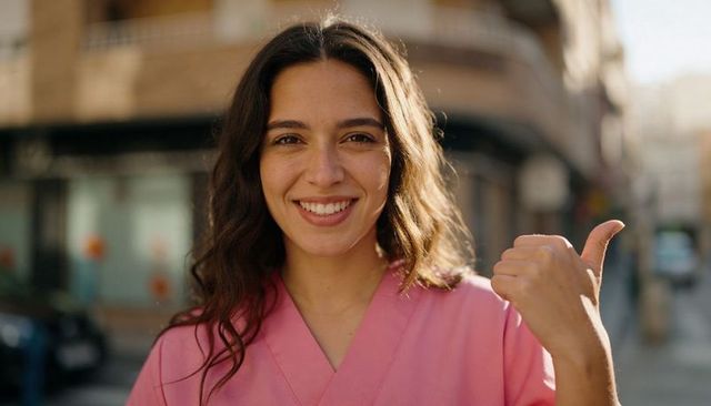 Smiling nurse wearing pink scrubs giving thumbs-up on sunny city street