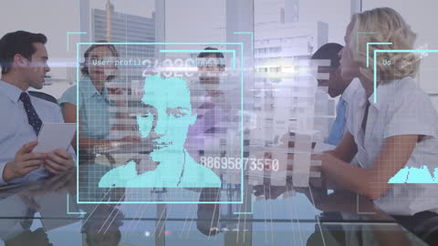 Business Team Discussion with Overlay of Digital Profiles