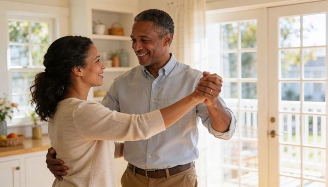Middle-aged couple dancing in sunlit kitchen holding hands, cozy home romance and joy