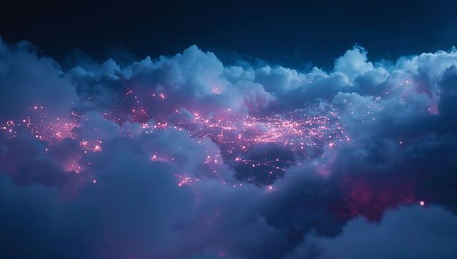 Futuristic Digital Network in Cloudscape at Night