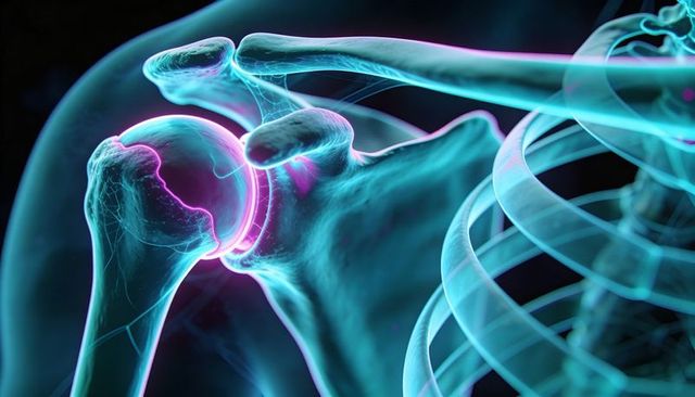 Translucent 3D Shoulder Joint Anatomy Highlighting Glenoid-Humerus Articulation with Neon Glow