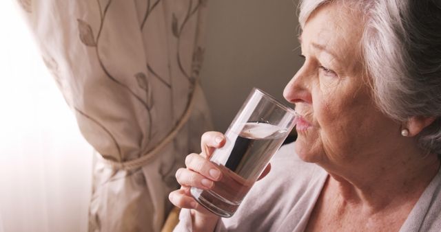 Sick senior woman taking pills with water at home