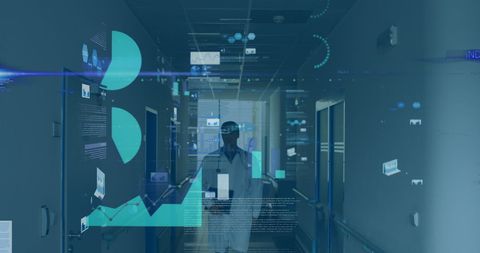 Healthcare Professional Walking Through Modern, Digital Corridor with Data Visualization