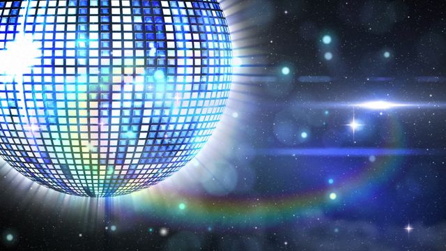 Disco ball illuminates scene with colorful lights and reflective sparkle against a starry background. This visual is ideal for party invitations, nightclub promotions, or celebrating vibrant dance culture. Use for event promotions, retro banquet themes, or music-themed creatives.