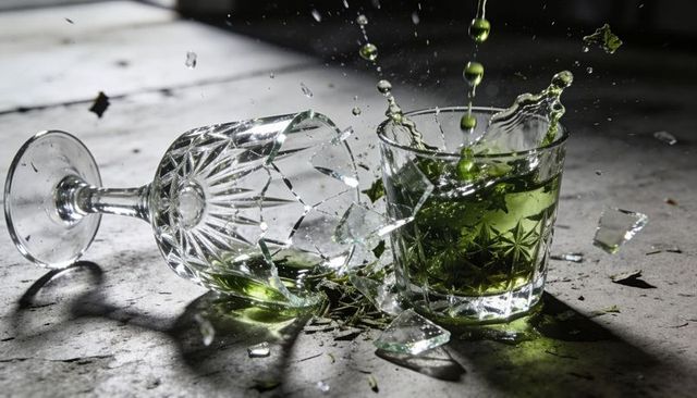 Shattering crystal glassware with emerald liquid splash, broken shards and herb fragments