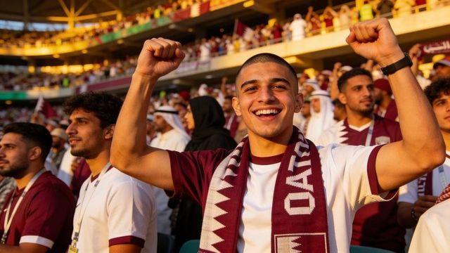 Young male qatar fan celebrating with maroon-and-white scarf in packed stadium