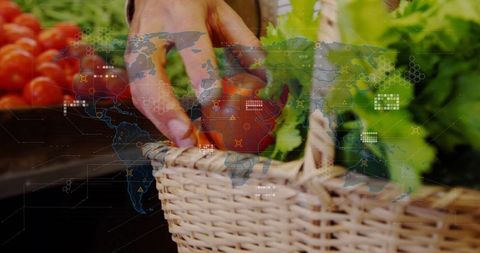Smart shopping: hand selecting produce with digital overlay