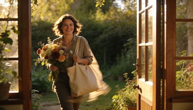 Woman carrying autumn flower bouquet and canvas tote through open door at golden hour