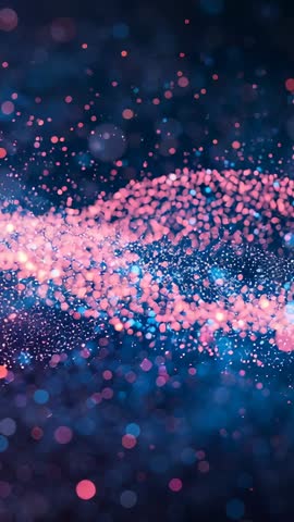 Vertical Neon Particle Ribbon Flowing and Glowing Over Deep Blue Bokeh Background