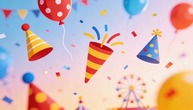 Floating party hats, balloons and confetti over vibrant ferris wheel carnival sky