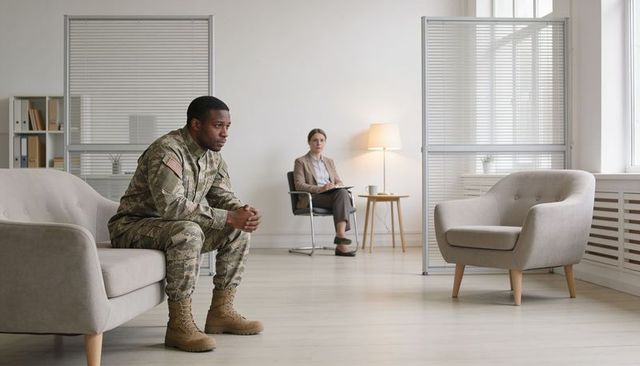 Contemplative soldier in camouflage during counseling session in minimalist clinic