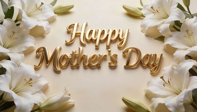 Golden happy mother's day script framing white lilies for elegant greeting card