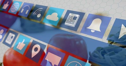 Futuristic app icon interface floating over hex grid with colorful apple and blue fabric