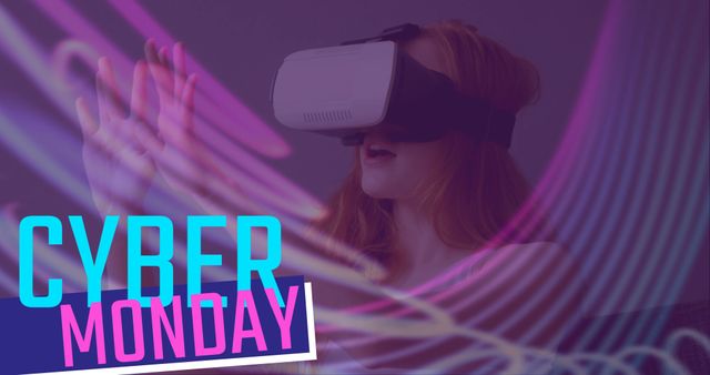Woman wearing VR headset engaging with virtual environment with neon magnet alive lights, Cyber Monday sale prominently displayed, ideal for promoting digital sales, discounts or e-commerce campaigns.