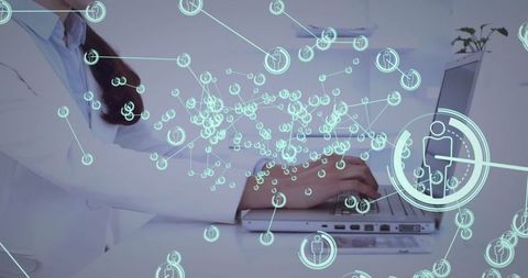Asian woman doctor typing on laptop with futuristic network icons
