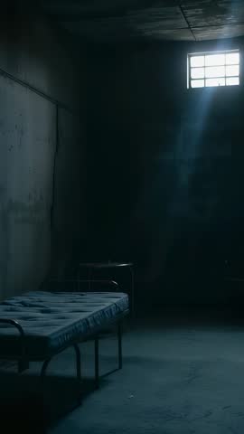 Vertical video streaming sunlight through barred window, revealing concrete cell with bed