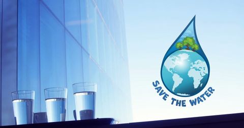 Save the Water Campaign Graphic with Glasses Against Urban Background
