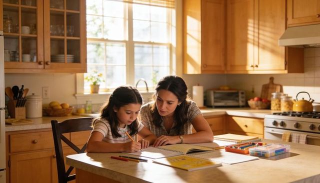 Mother guiding daughter doing homework at kitchen table in warm sunlight