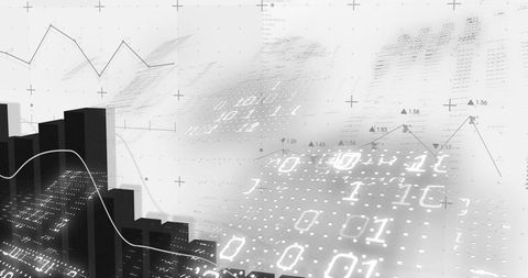 3d finance dashboard with rising bar chart, glowing trendline and binary data grid