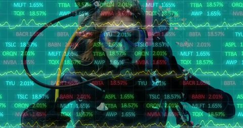 Scuba diver analyzing digital financial interface explorations