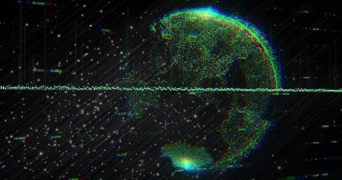 Spinning neon glitch earth data globe with horizontal scanline, cosmic noise and waveform