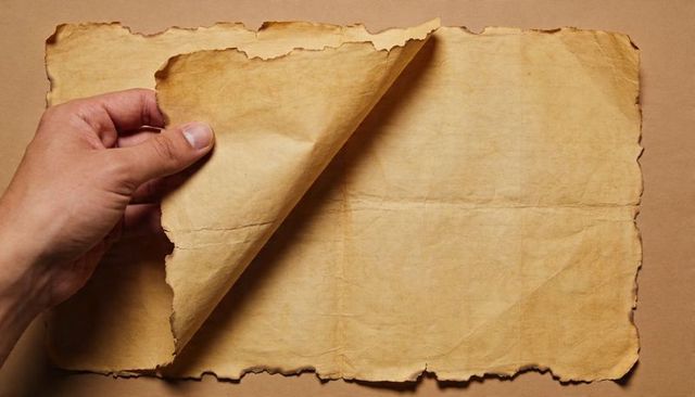 Left Hand Turning Aged Parchment with Torn Edges on Brown Desk for Vintage Design