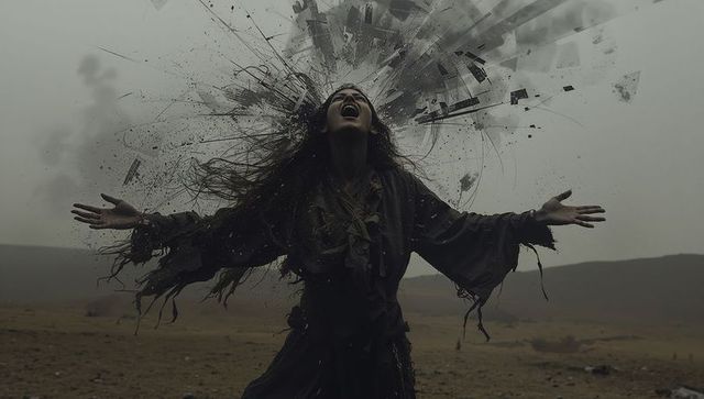 Screaming woman spreading arms with exploding particle halo on eerie misty moor, desolate