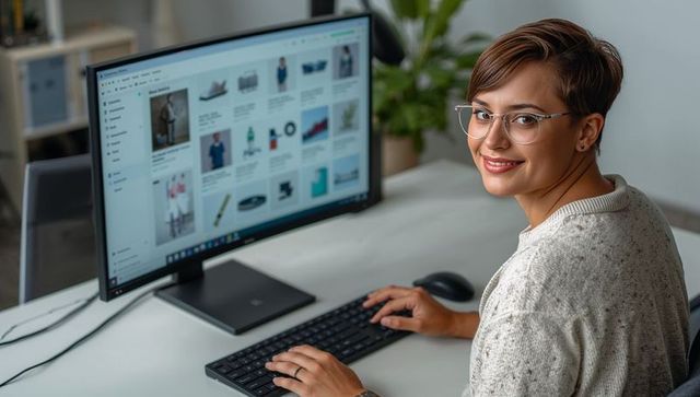 Smiling young professional woman with glasses typing at desktop computer in modern office