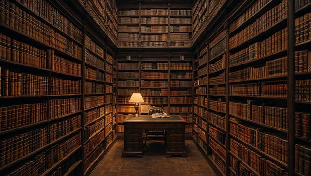 Victorian mahogany library study with glowing desk lamp, leather chair, open book on desk