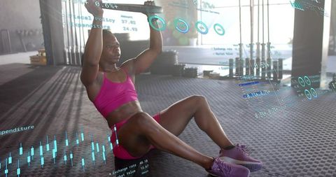 Female Athlete Performing Core Hold with Overhead Bar in Industrial Gym with HUD Graphics