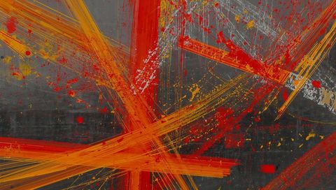Dynamic x-shaped orange-red brushstrokes on charcoal panel with gold splatters, textured