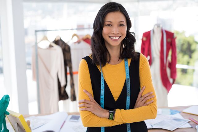 Fashion designer standing confidently in a modern office with arms crossed, surrounded by clothing and design sketches. Ideal for use in articles or advertisements related to fashion design, creative professions, female entrepreneurship, and the fashion industry.