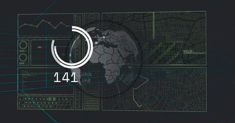 Circular HUD displaying dotted globe, progress ring and geospatial map tiles with numeric readout 14