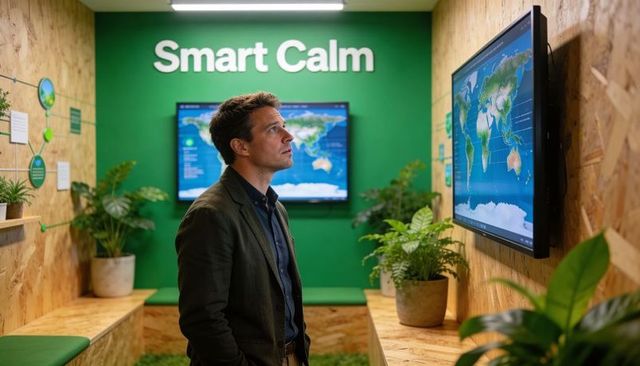 Professional man studying interactive world map display at smart calm exhibit booth