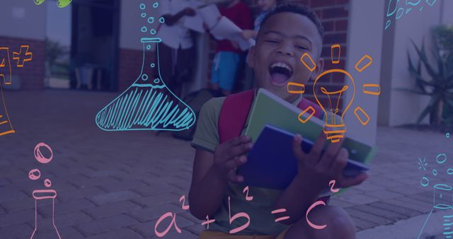 Image of colourful science icons over happy biracial schoolboy holding books outside school. School, childhood, education and learning, digitally generated image.