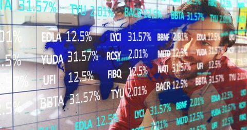 Business team analyzing global stock market data on transparent glass display